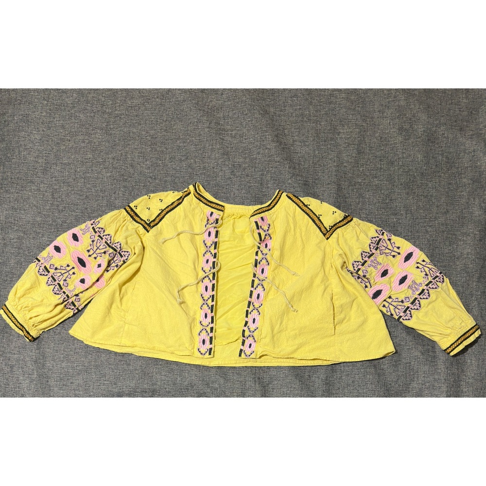 R.Vivimos Women One Size Blouse Yellow Embroidered Boho Tie Front Puff Sleeve
